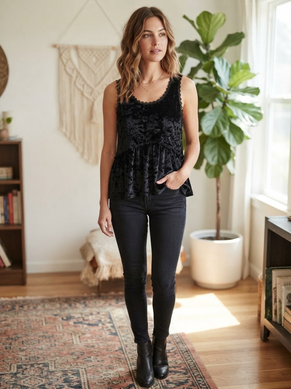 Pol Black Velvet Sleeveless Babydoll Tank Top with Lace Trim - Size L